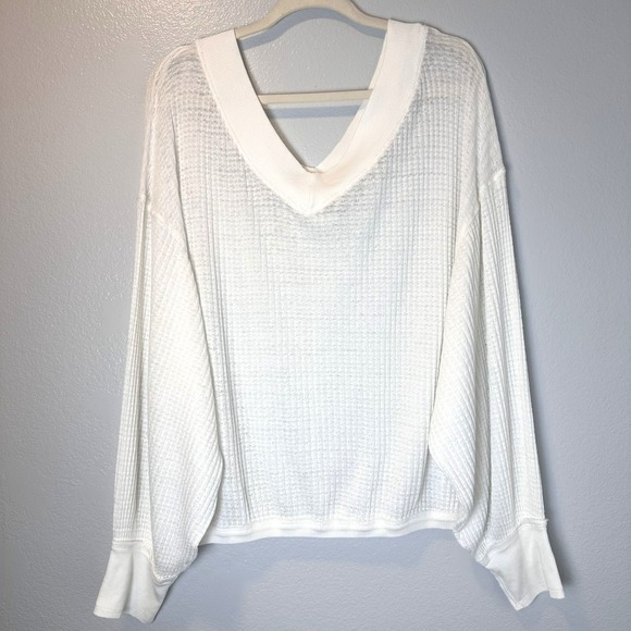 We The Free People Size-L Beige South Side V-Neck Waffle Knit Thermal Top - Picture 2 of 14